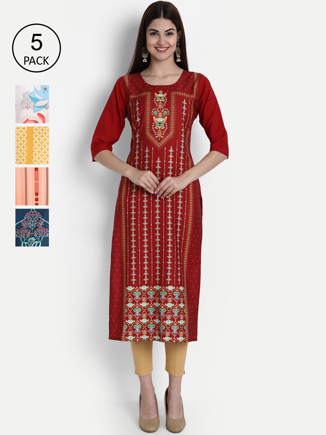 

Ethnic basket Women Pack of 5 Digital Printed Straight Kurtas, Red