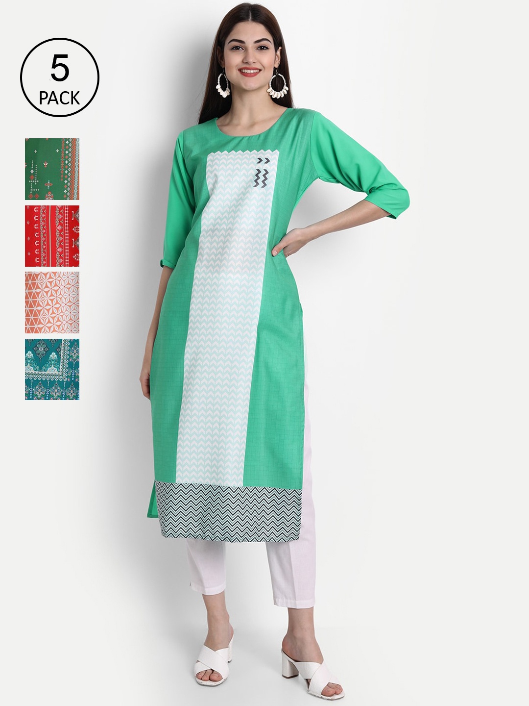 

Ethnic basket Women Pack Of 5 Multicoloured Geometric Printed Crepe Kurta, Multi