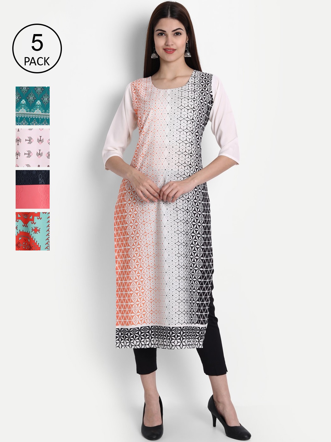 

Ethnic basket Women Pack of 5 Digital Printed Straight Kurtas, Black