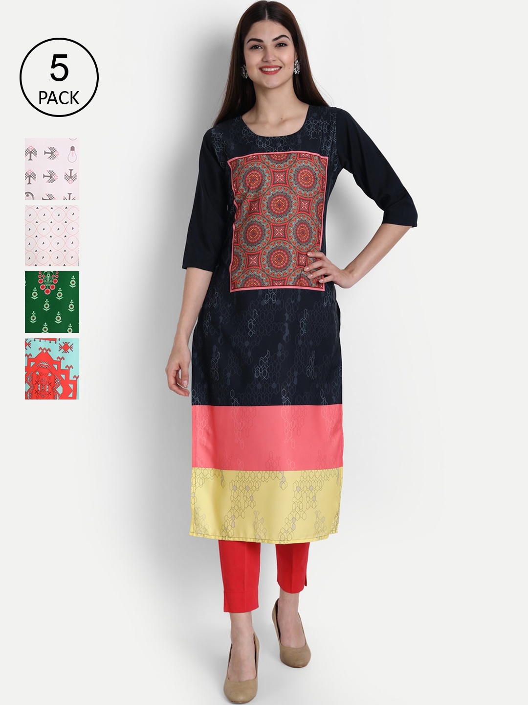 

Ethnic basket Women Multicoloured Pack Of 5 Printed Straight Crepe Kurta, Multi
