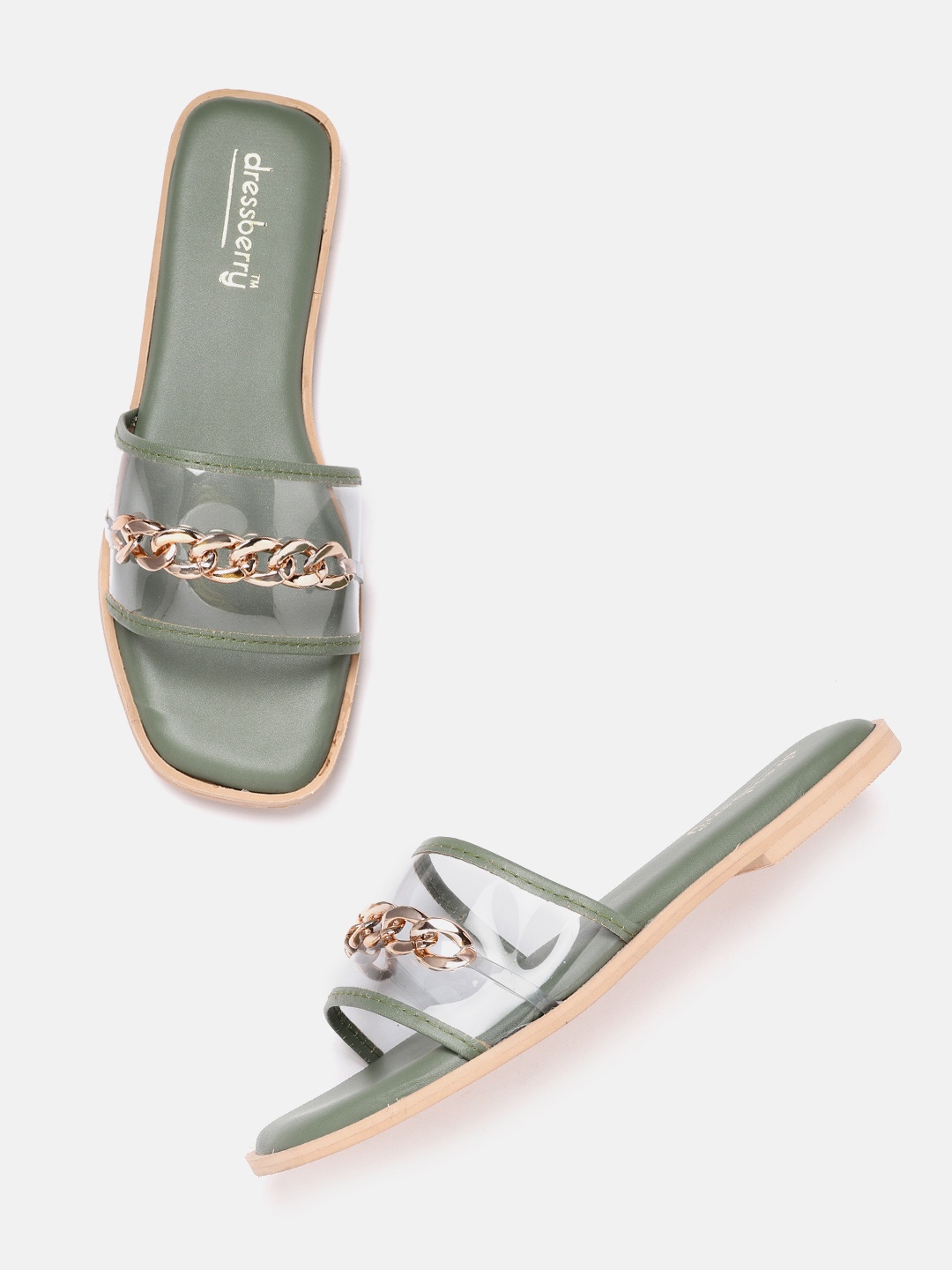 

DressBerry Women Transparent & Olive Green Open Toe Flats