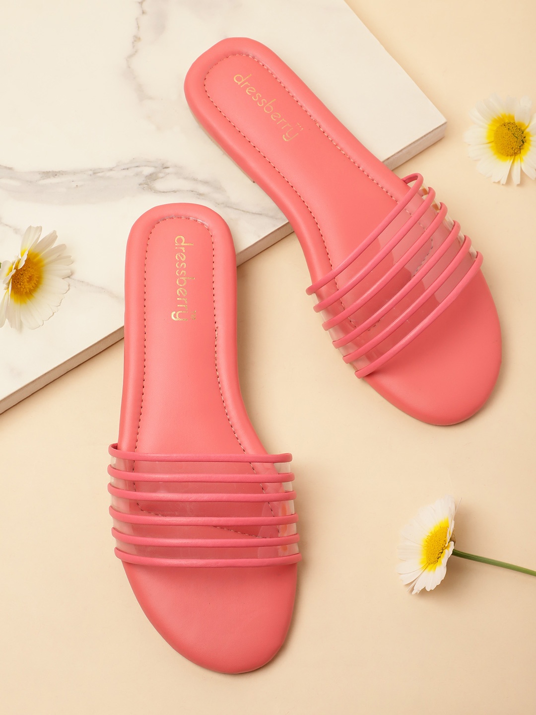 

DressBerry Women Transparent & Coral Pink Striped Open Toe Flats