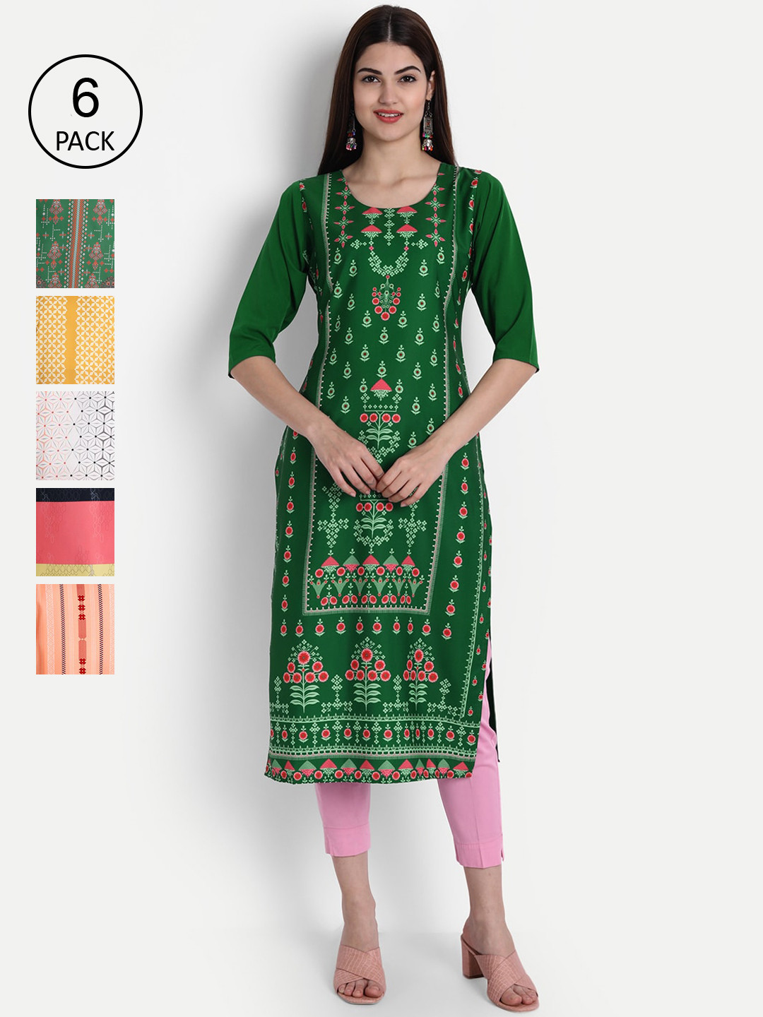 

Ethnic basket Women Pack of 6 Crepe Kurta, Green