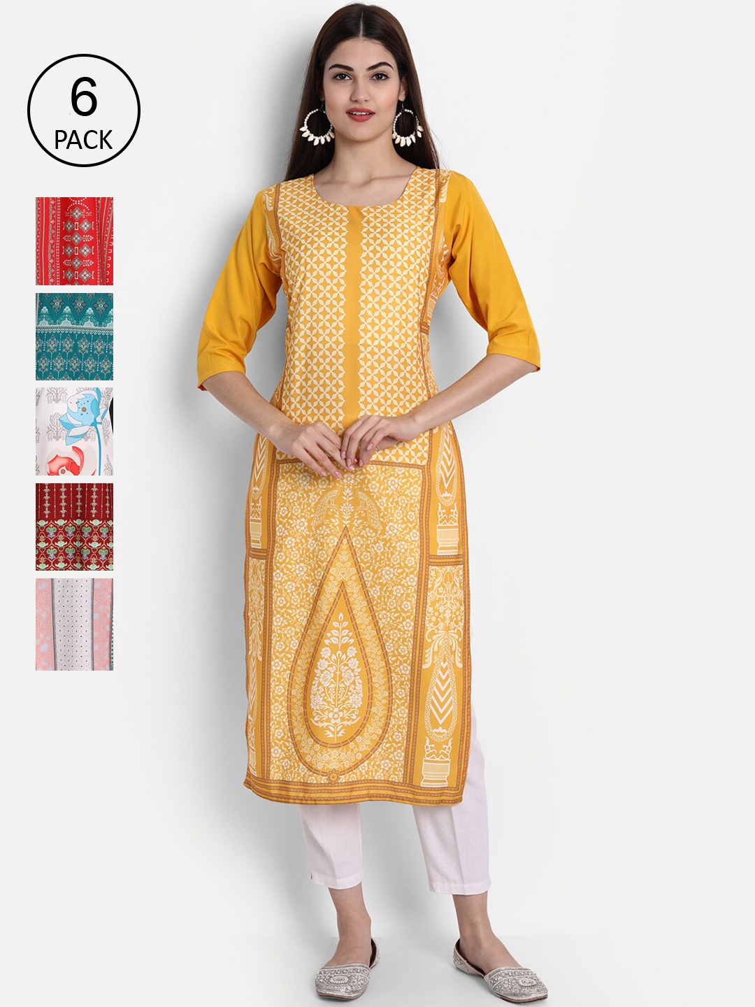 

Ethnic basket Women Pack of 6 Digital Printed Straight Kurtas, Yellow