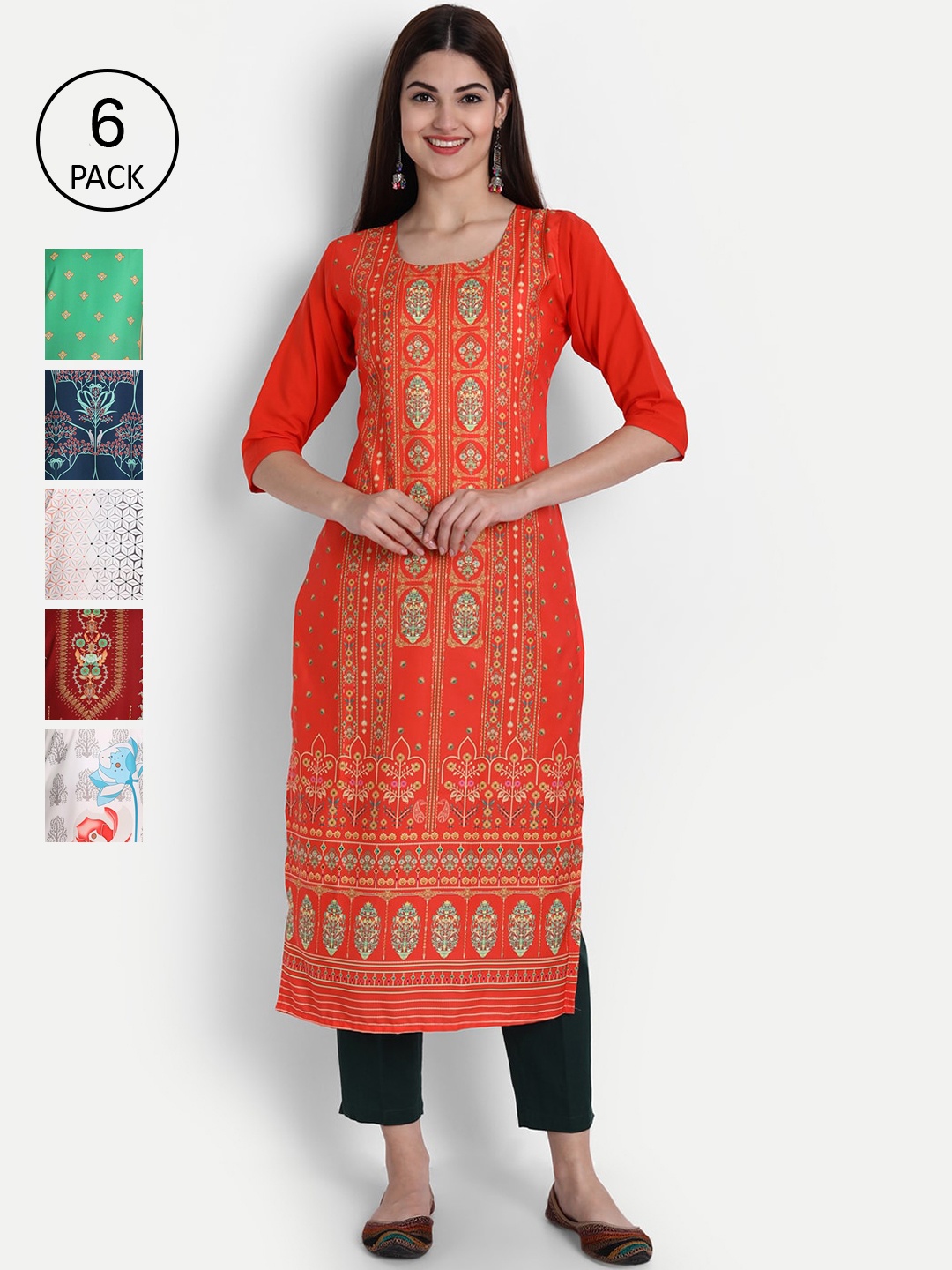 

Ethnic basket Women Pack of 6 Crepe Kurta, Orange