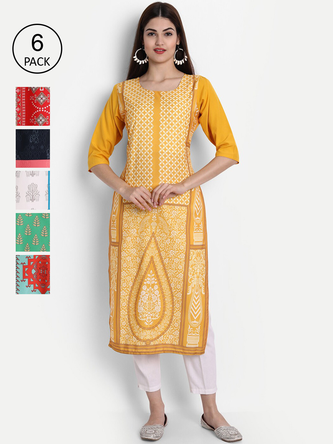 

Ethnic basket Women Pack Of 6 Multicoloured Ethnic Motifs Printed Crepe Kurta, Multi