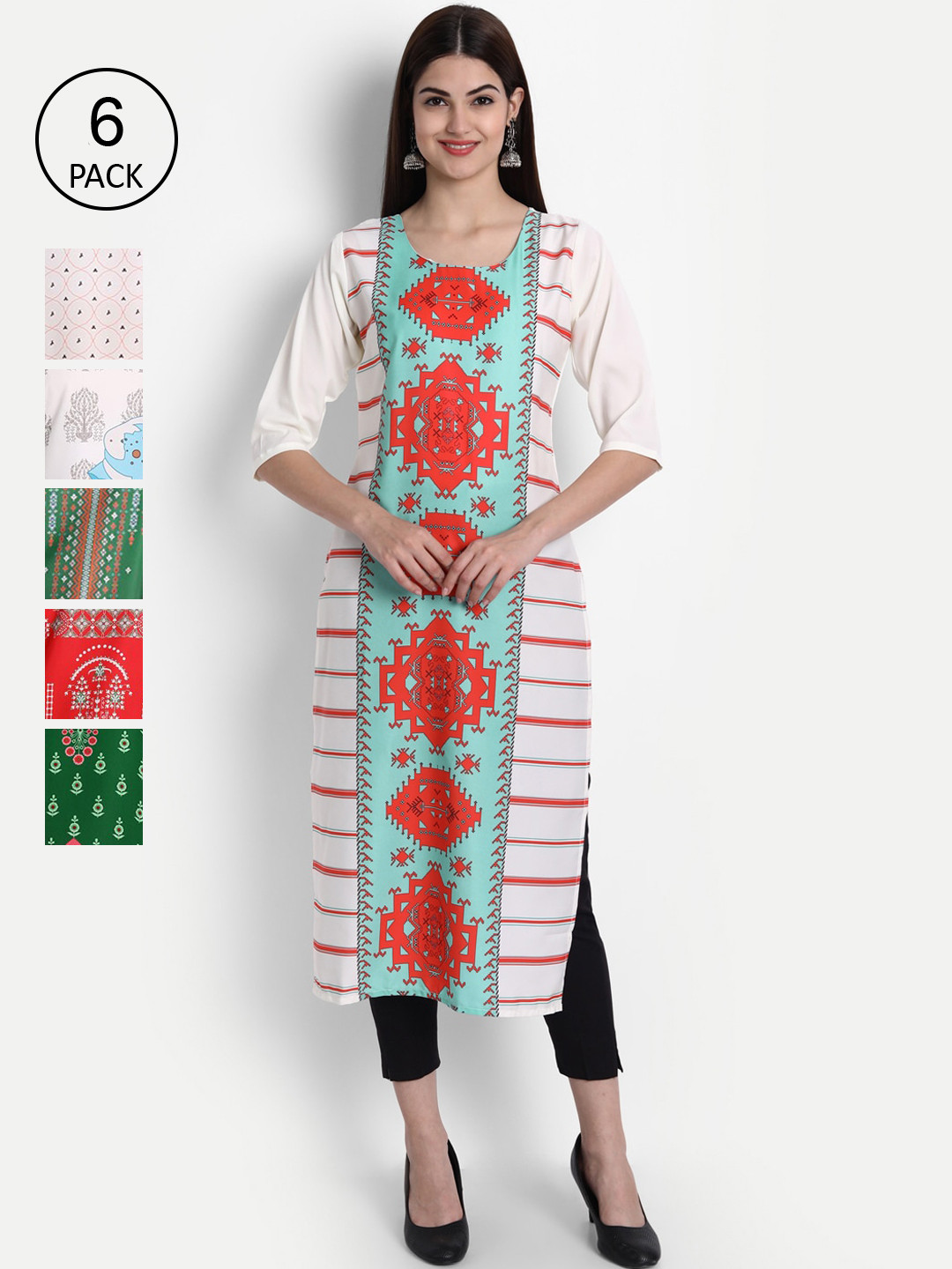 

Ethnic basket Women Pack of 6 Digital Printed Straight Kurtas, White