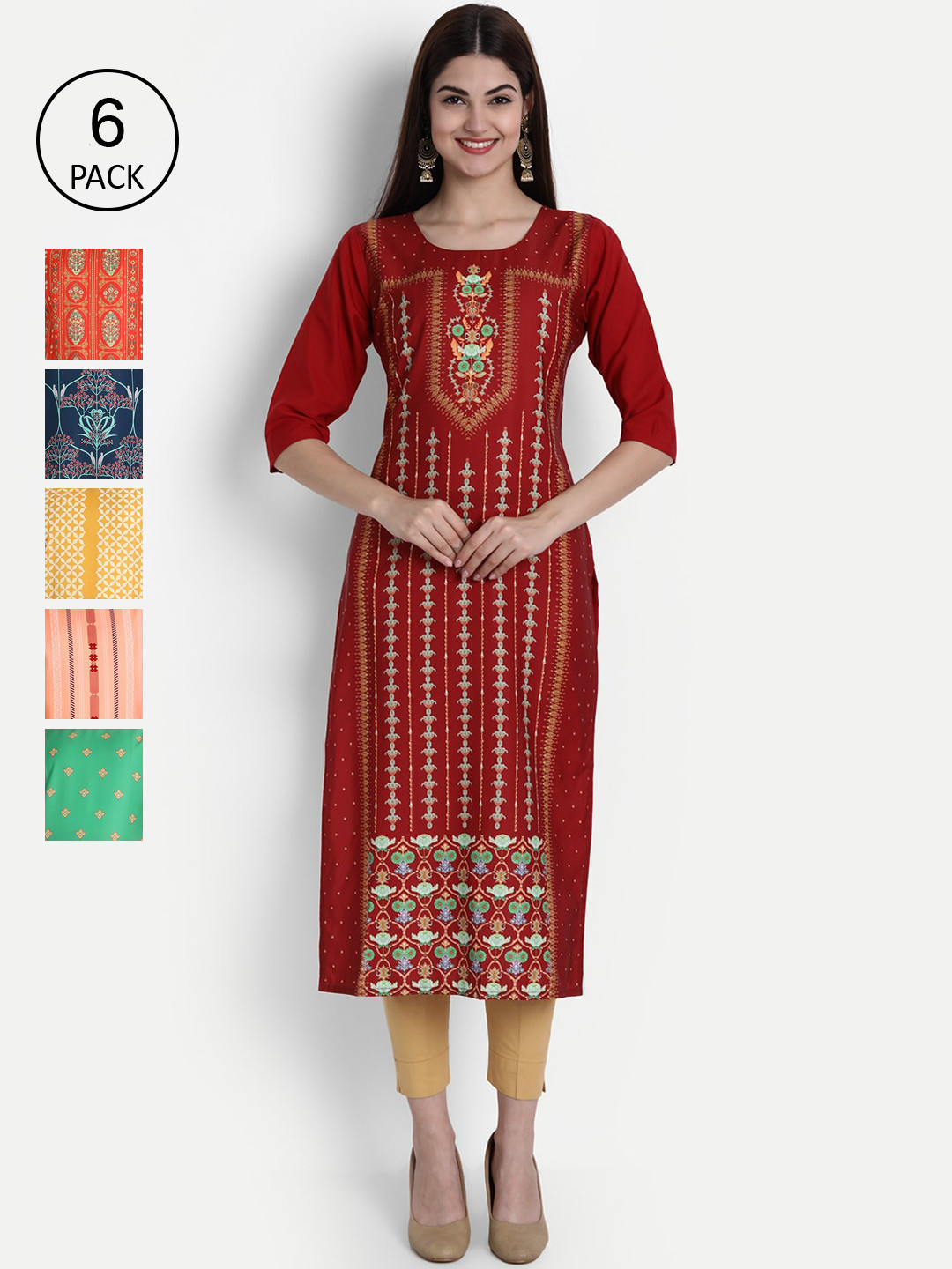 

Ethnic basket Women Pack Of 6 Multicoloured Ethnic Motifs Printed Crepe Kurta, Multi