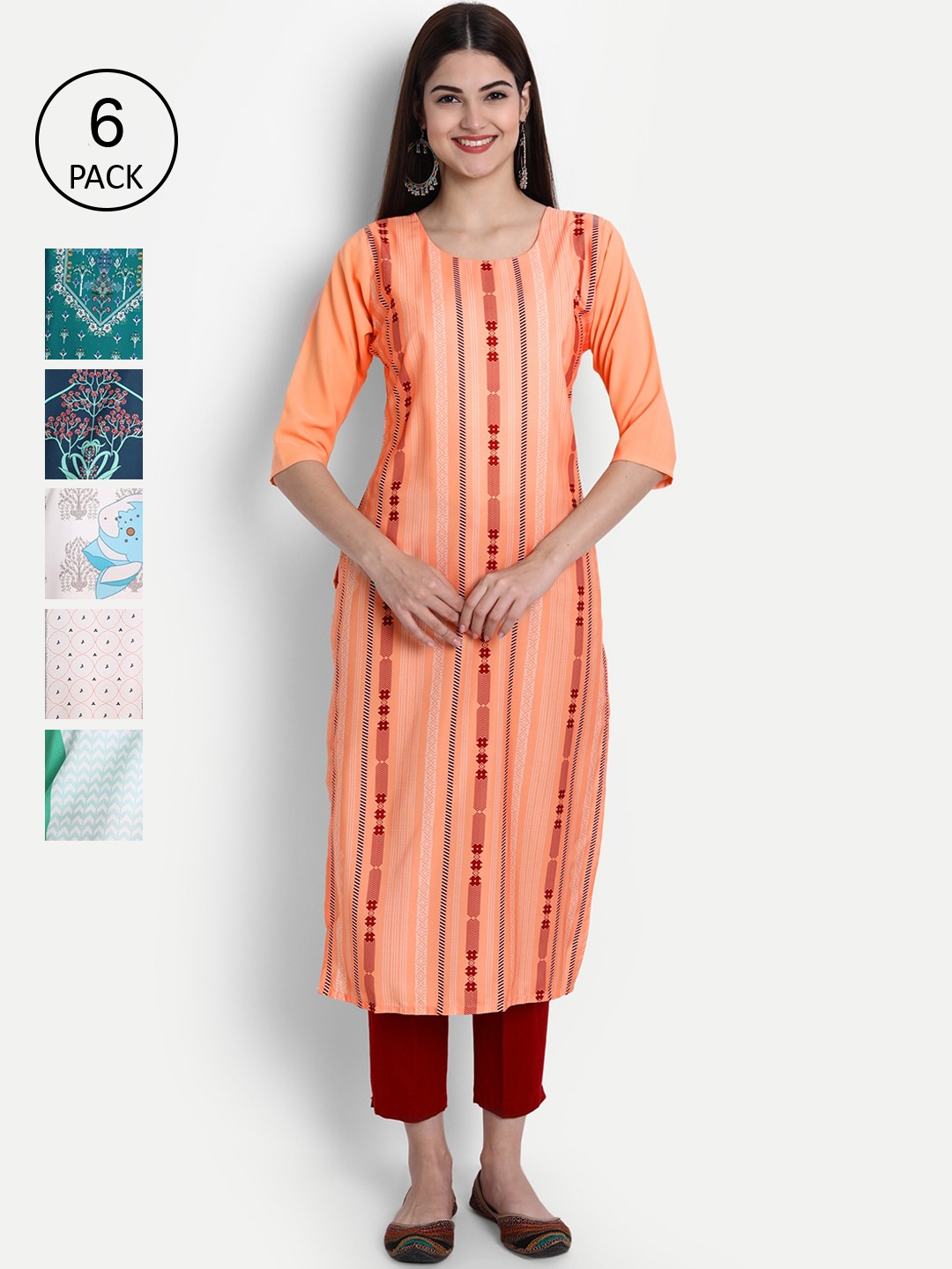 

Ethnic basket Women Pack of 6 Digital Printed Straight Kurtas, Peach