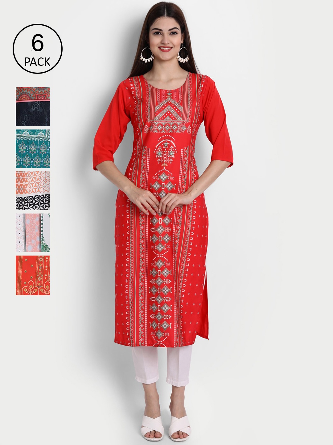 

Ethnic basket Women Pack of 6 Crepe Kurta, Red