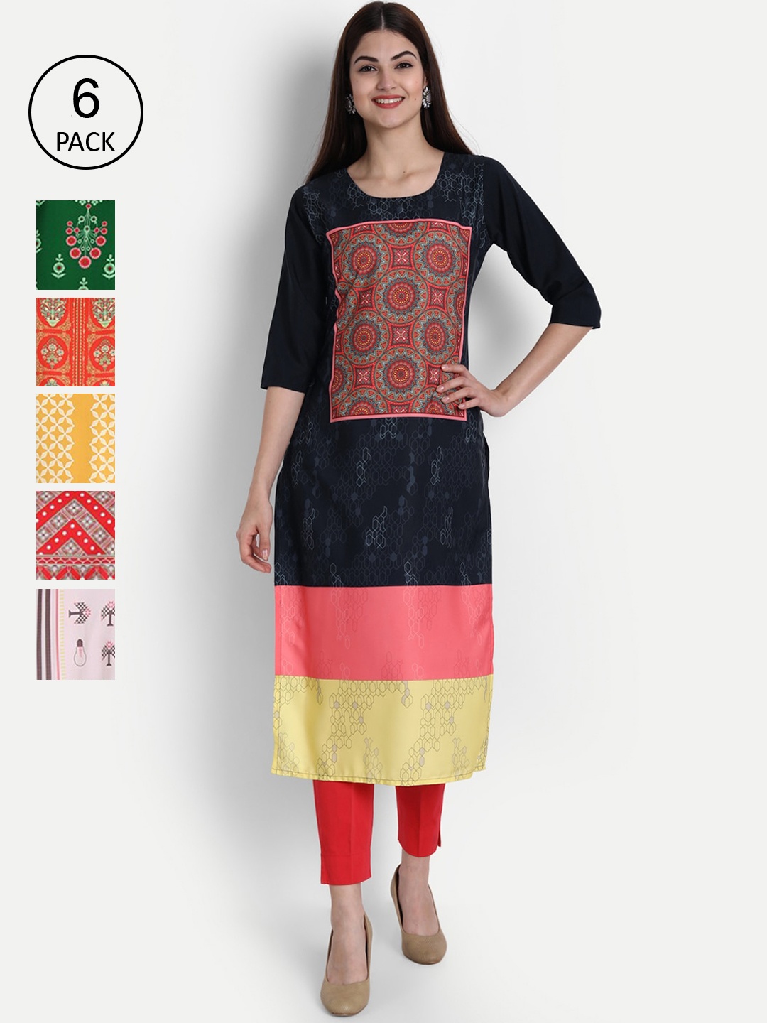 

Ethnic basket Women Pack Of 6 Multicoloured Ethnic Motifs Printed Crepe Kurta, Multi