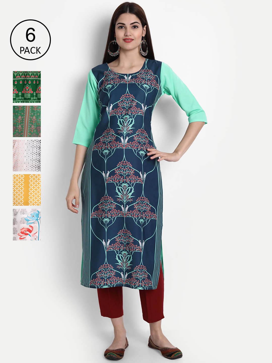 

Ethnic basket Women Pack of 6 Digital Printed Straight Kurtas, Teal