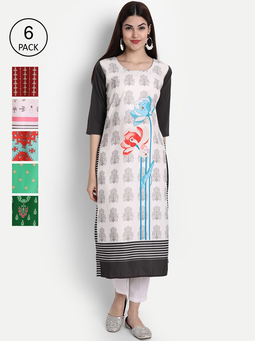 

Ethnic basket Women Pack of 6 Digital Printed Straight Kurtas, White