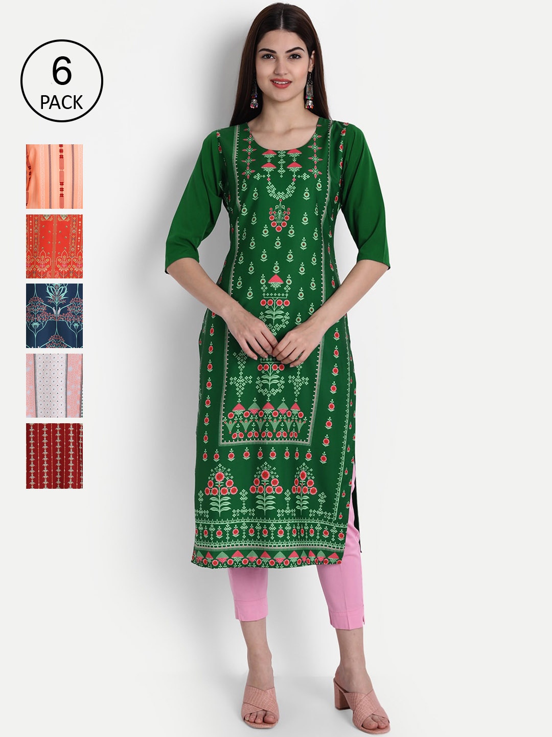 

Ethnic basket Women Pack Of 6 Printed Straight Kurta, Multi