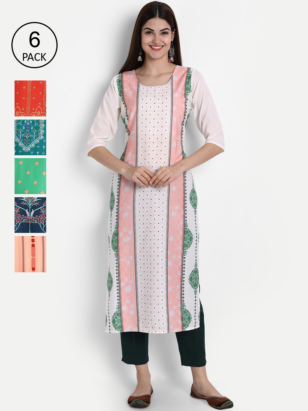 

Ethnic basket Women Pack Of 6 Multicoloured Ethnic Motifs Printed Crepe Kurta, Multi