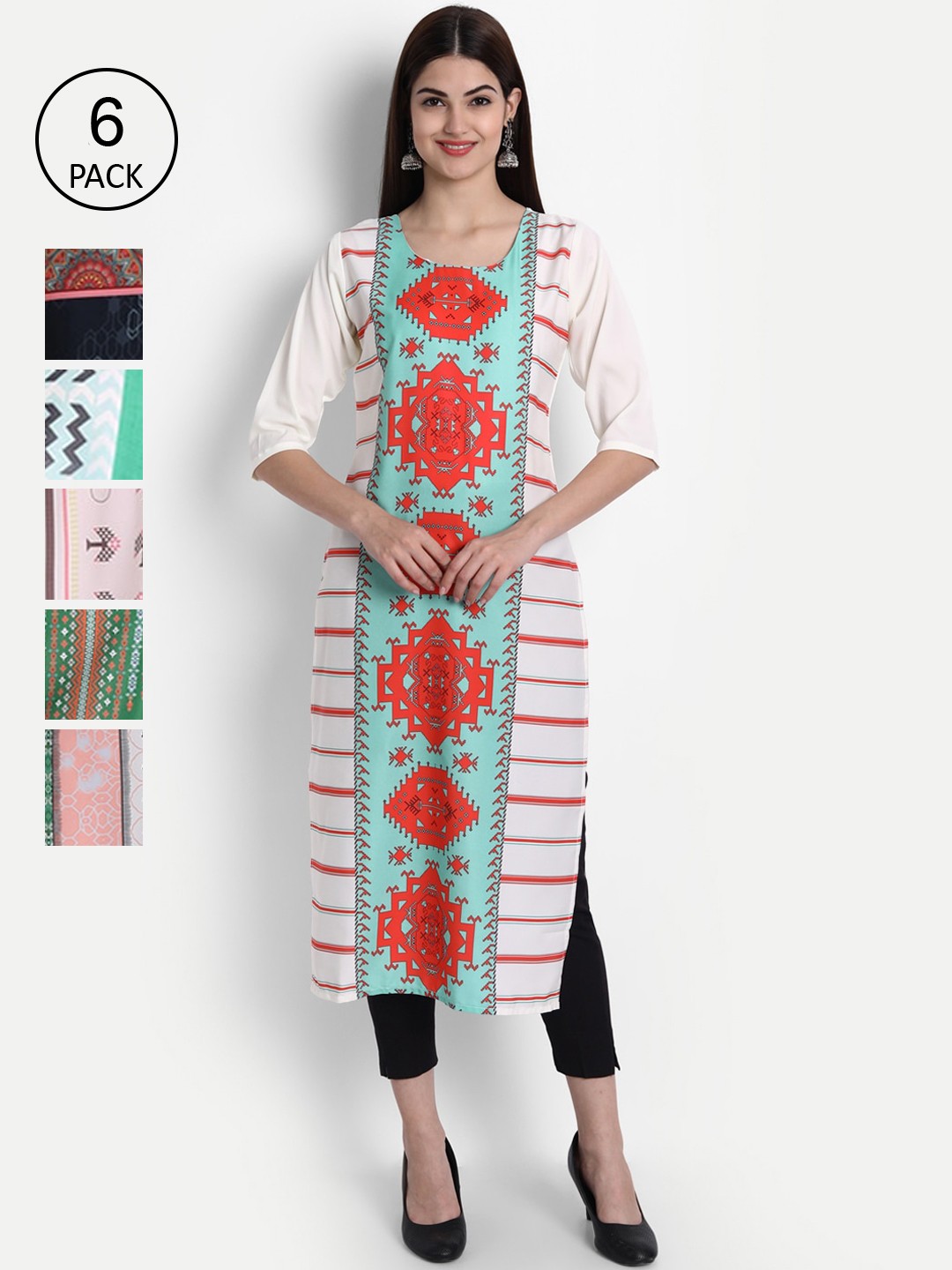 

Ethnic basket Women Pack of 6 Digital Printed Straight Kurtas, White