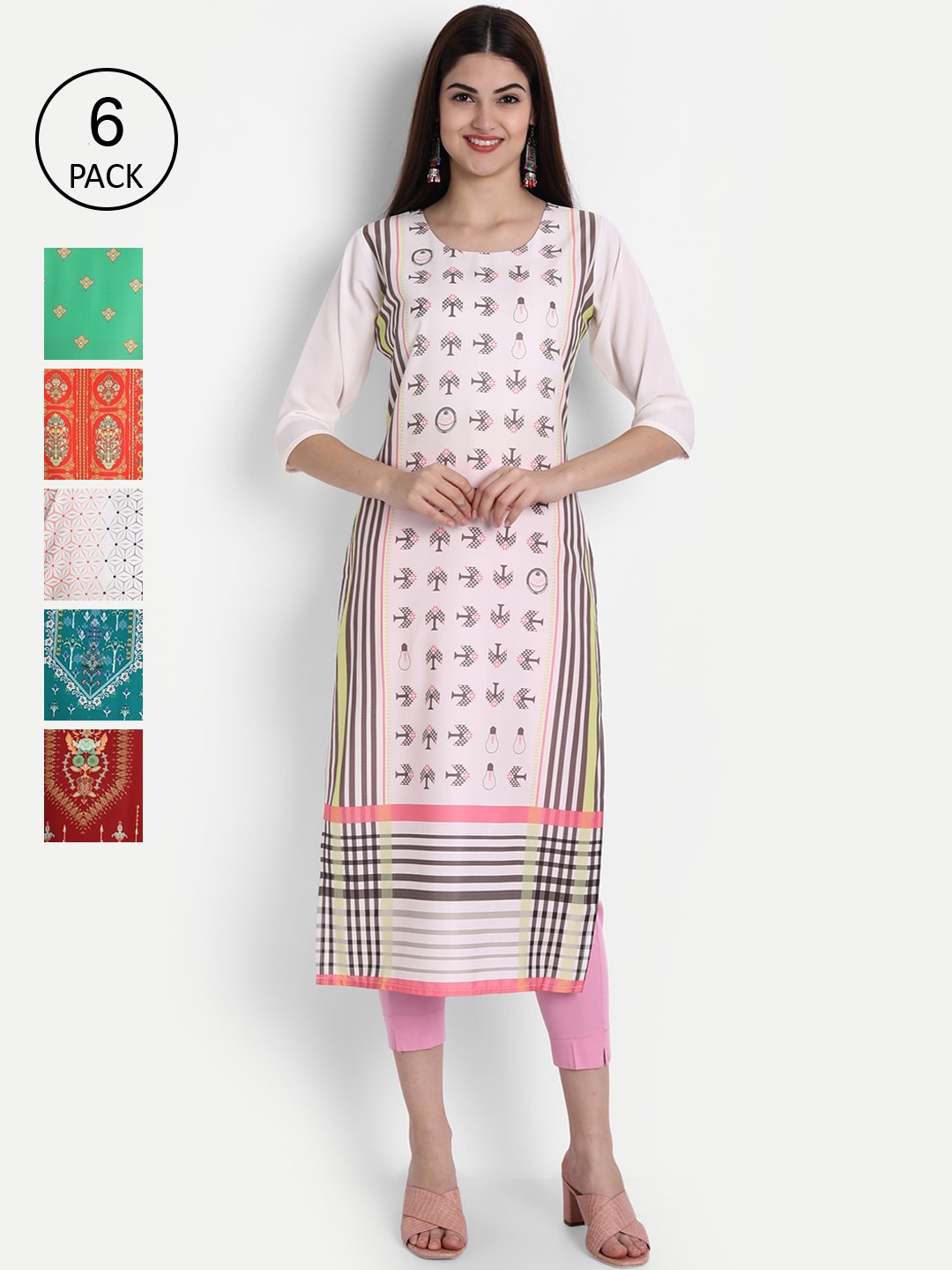 Ethnic basket Women Multicoloured Pack of 6 Printed Straight Crepe Kurta, Multi