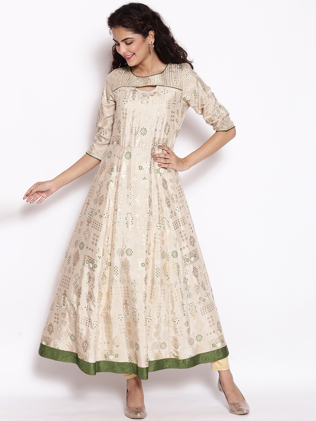 

AURELIA Women Beige & Silver-Toned Ethnic Motifs Printed Anarkali Kurta