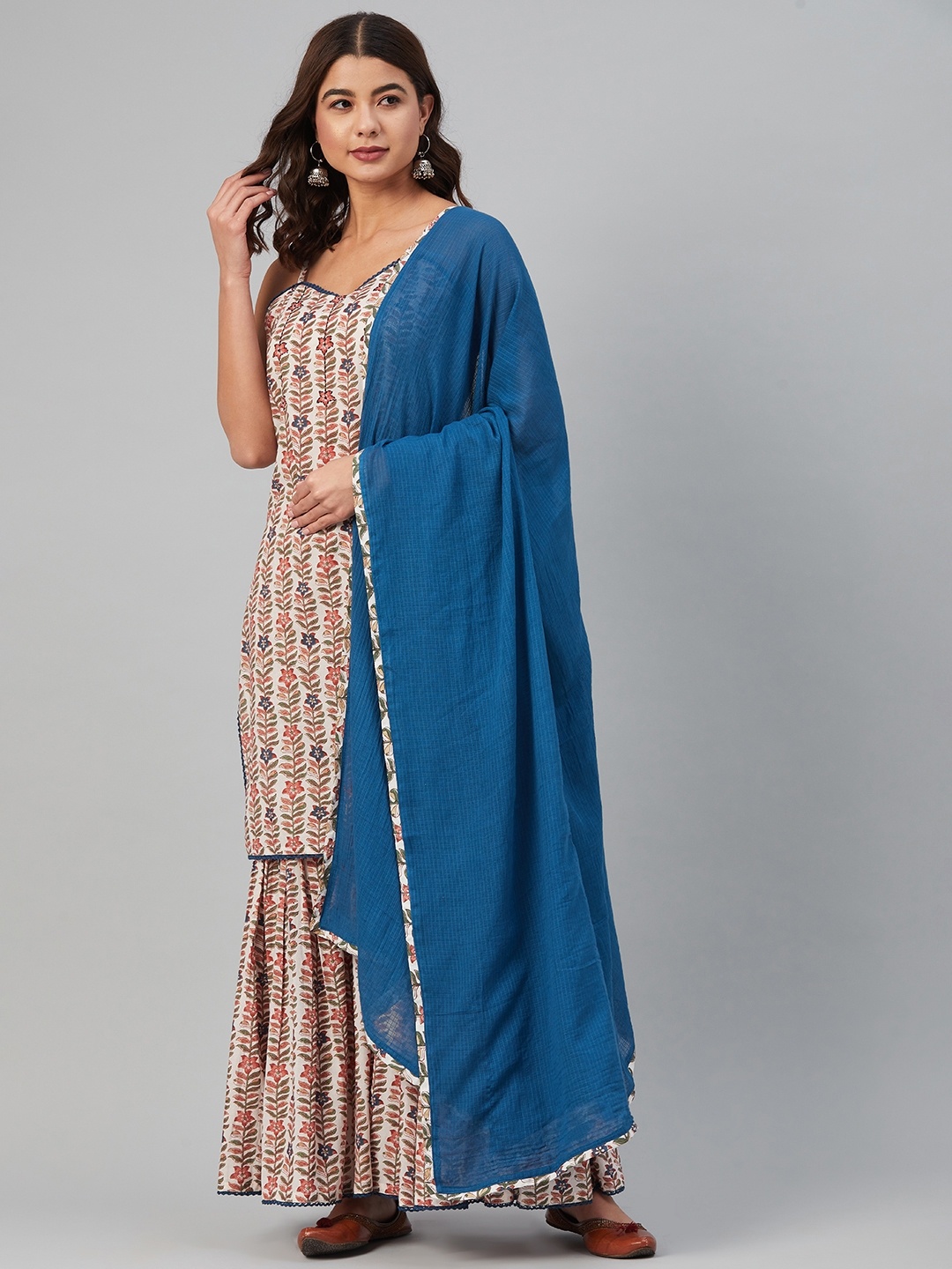 

Hatheli Women Off White Floral Printed Layered Pure Cotton Kurta with Sharara & With Dupatta