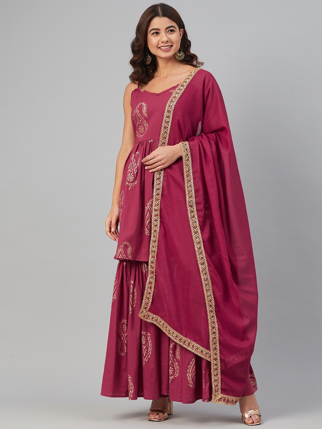 

Hatheli Women Maroon Hand Block Pleated Pure Cotton Kurti with Sharara & With Dupatta