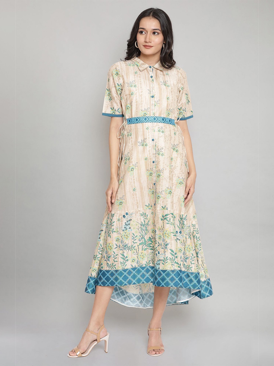 

AURELIA Cream-Coloured & Blue Floral A-Line Midi Dress