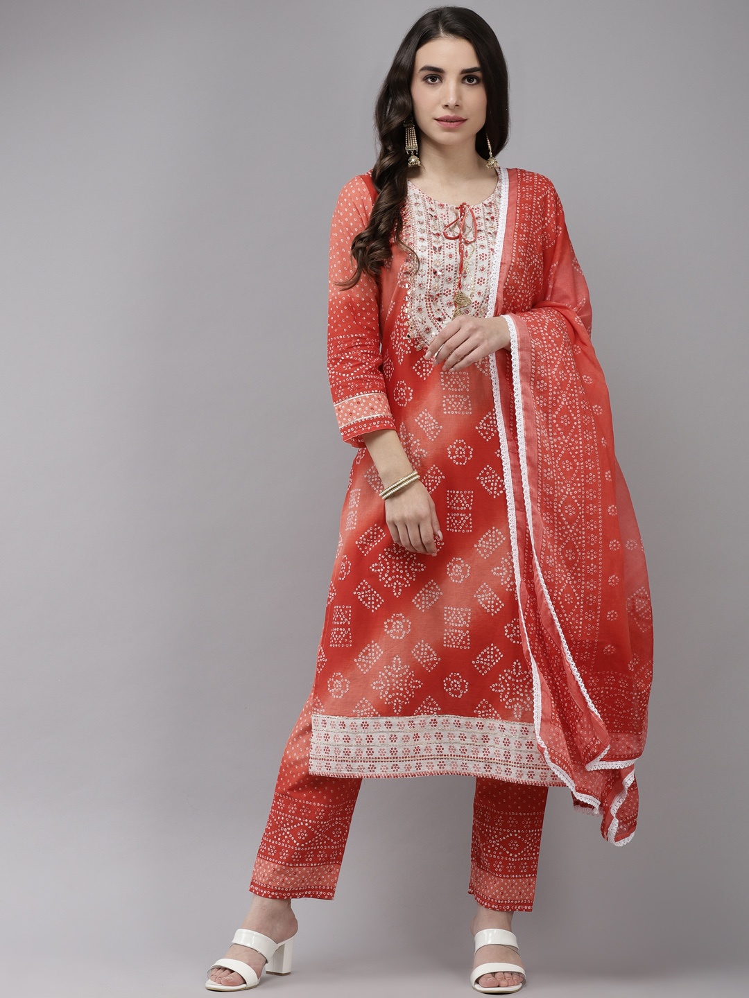 

Indo Era Women Red Bandhani Regular Kurta with Trousers & With Dupatta