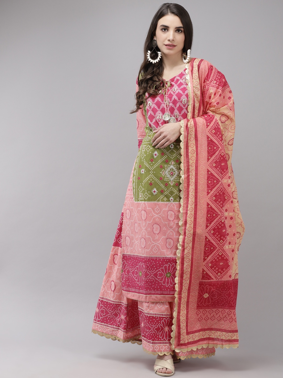 

Indo Era Women Pink Bandhani Printed Regular Kurta with Sharara & With Dupatta