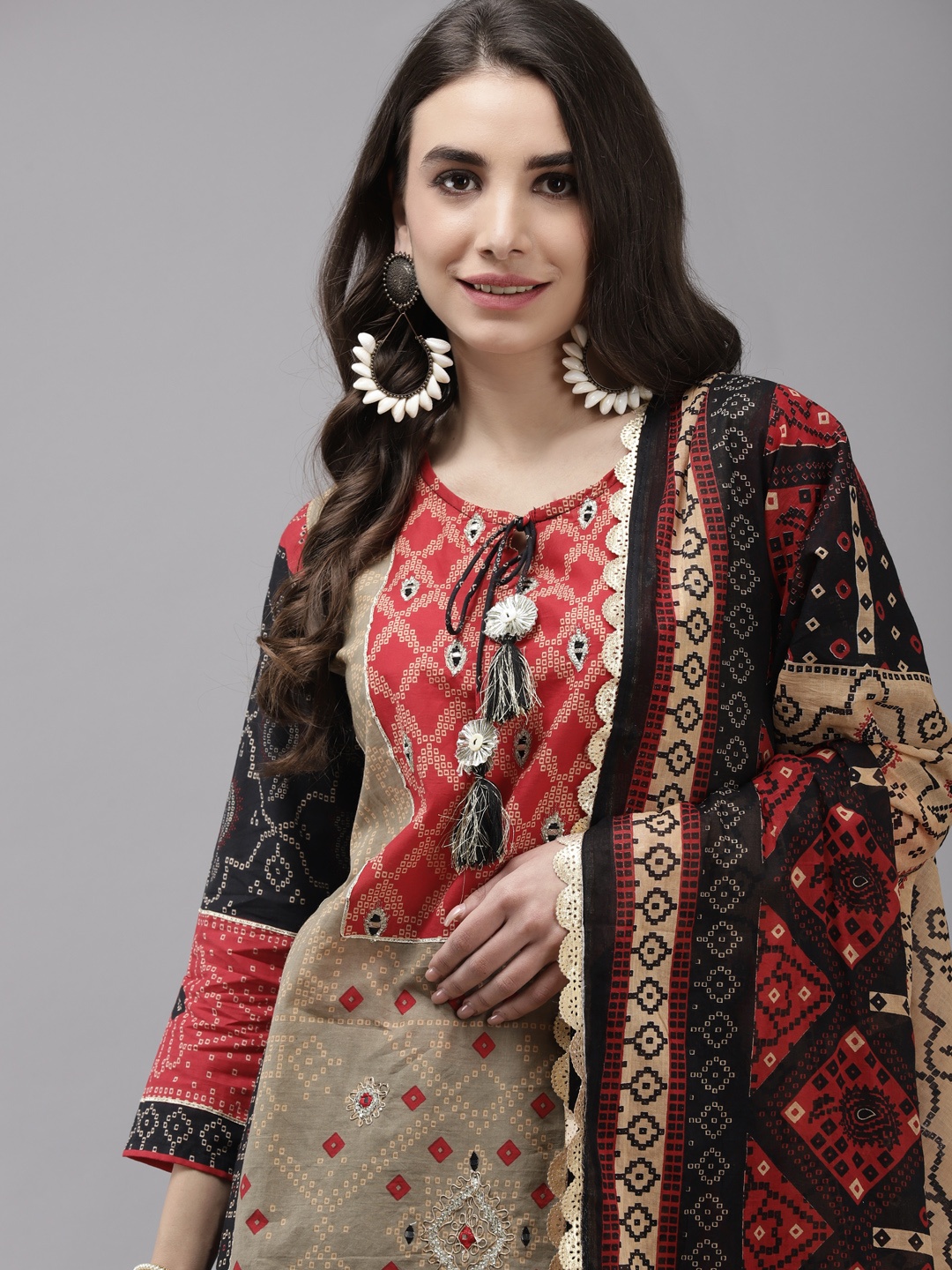 

Indo Era Women Black Bandhani Regular Kurta with Sharara & With Dupatta