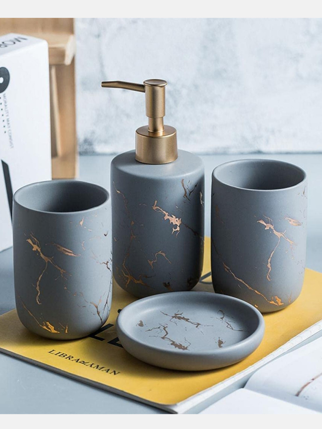 

FabSeasons Set Of 4 Grey Ceramic Marble Geometric Bathroom Accessory Set