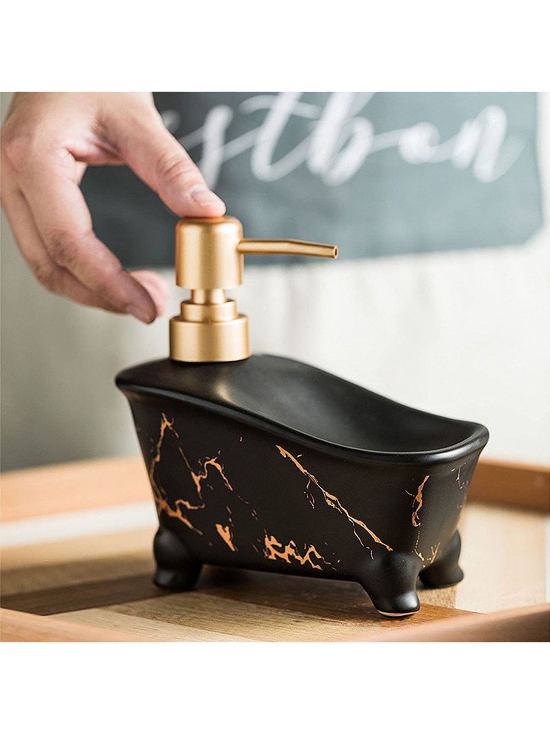 

FabSeasons Black & Gold-Toned Printed Bathtub Ceramic Rust Free Soap Dispenser 415 ml