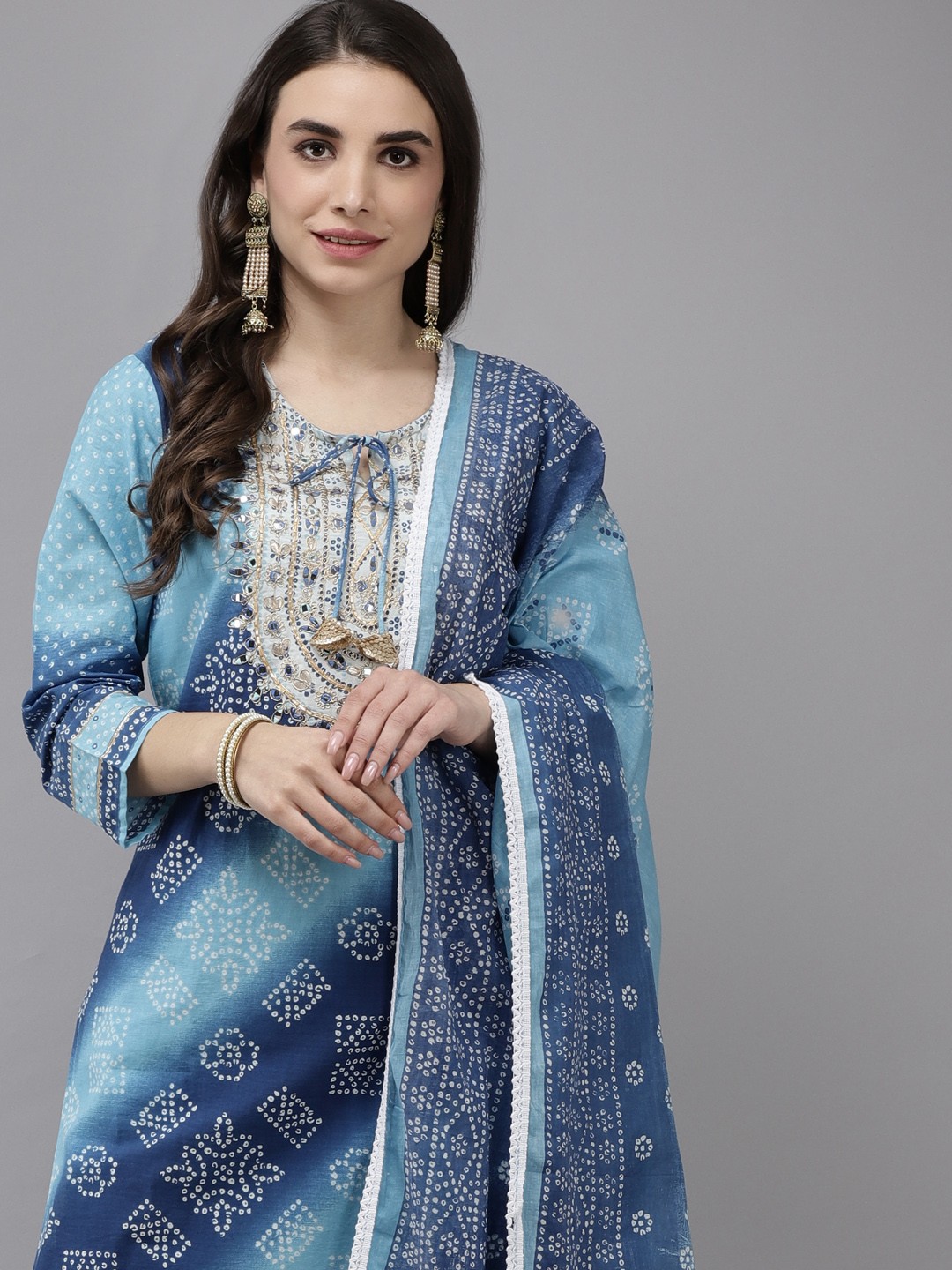

Indo Era Women Blue Bandhani Dyed Regular Kurta with Trousers & With Dupatta