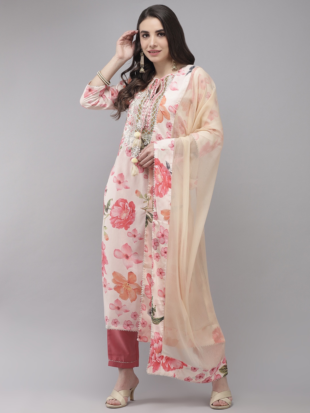 

Indo Era Women Off White Floral Regular Kurta with Trousers & With Dupatta