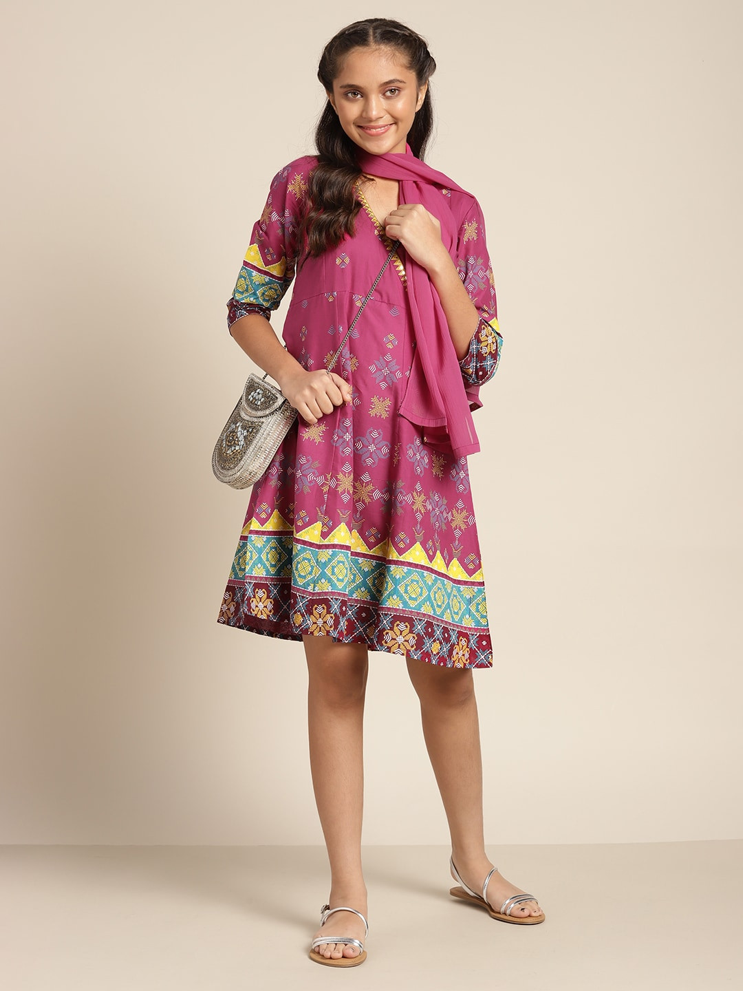 

Sangria Fuchsia & Mustard Yellow Pure Cotton Ethnic A-Line Dress