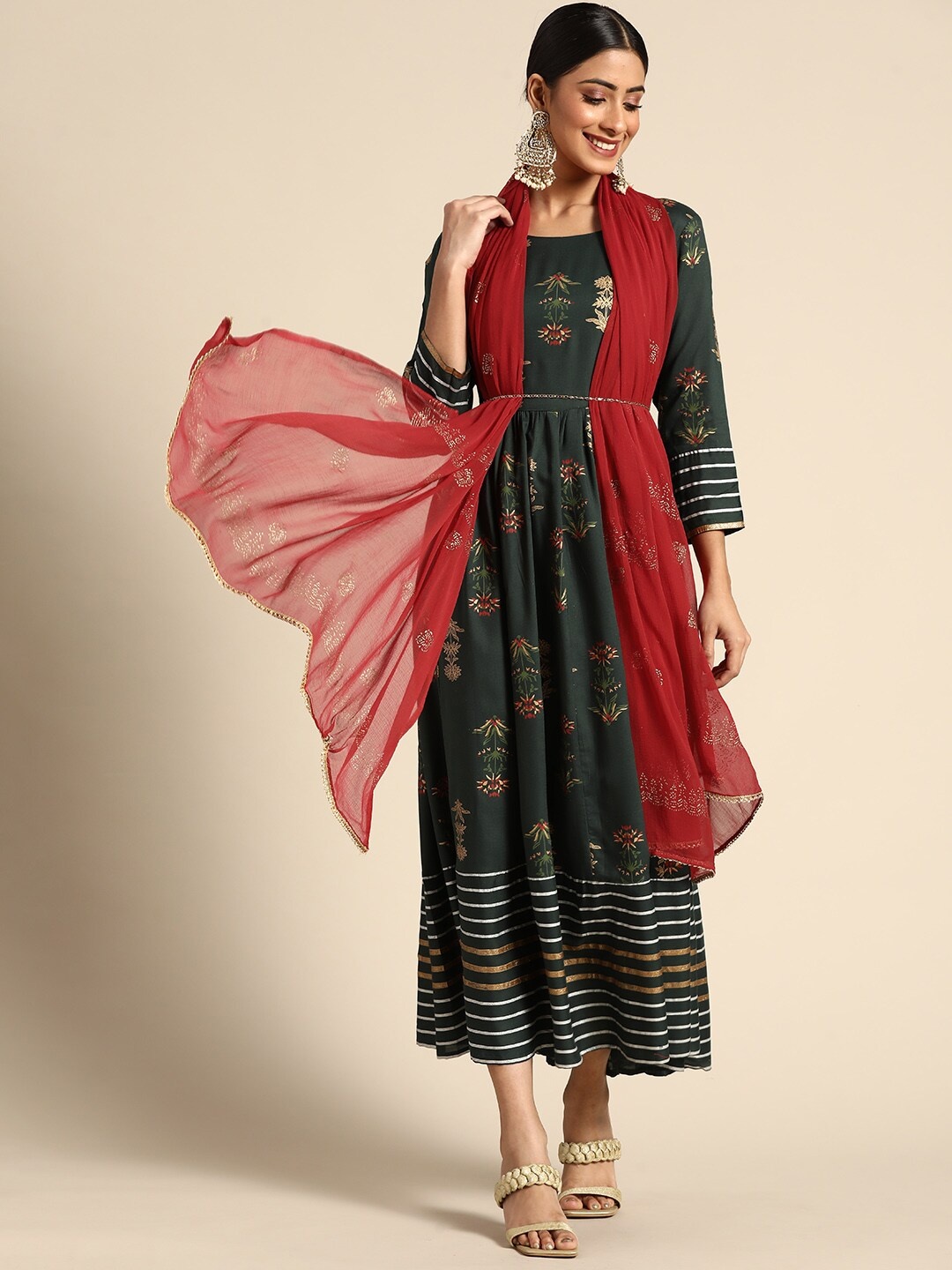 

Sangria Green & Golden Floral Ethnic A-Line Maxi Dress With Dupatta