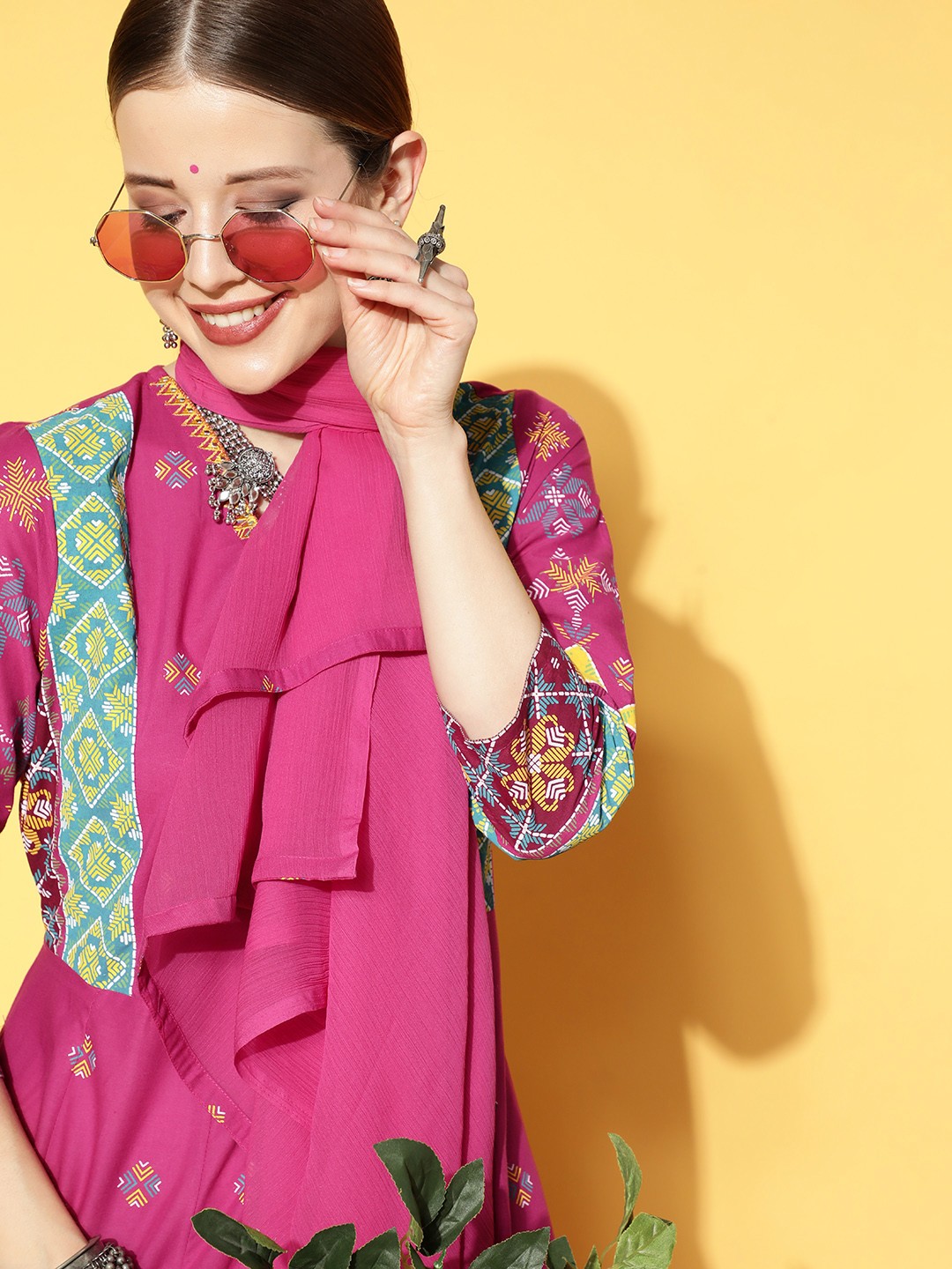 

Sangria Women Pure Cotton Magenta Ethnic Motifs Print A-Line Midi Dress with Dupatta