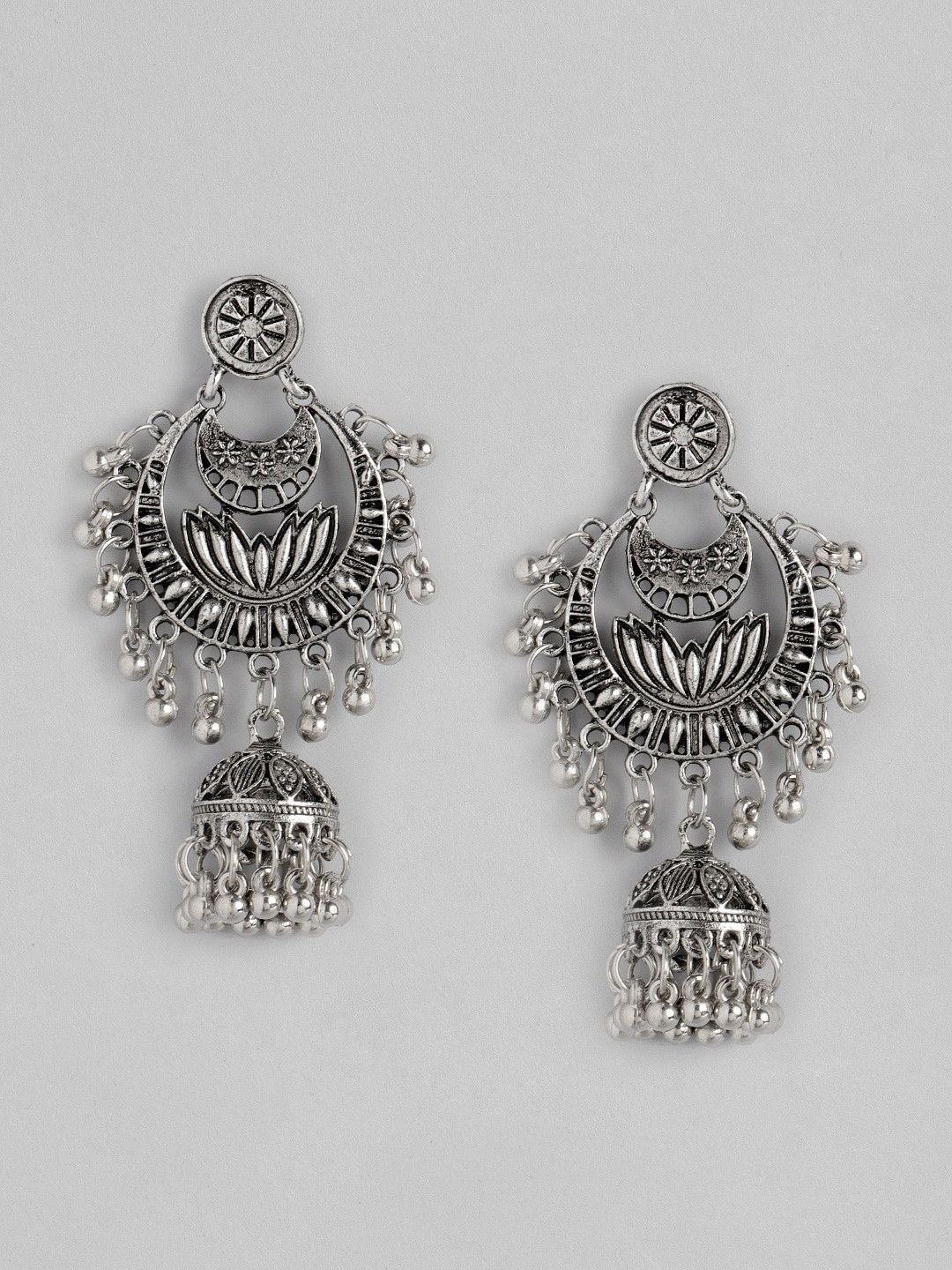 

Anouk Silver-Toned Oxidised Beaded Lotus Textured Dome Shaped Jhumkas