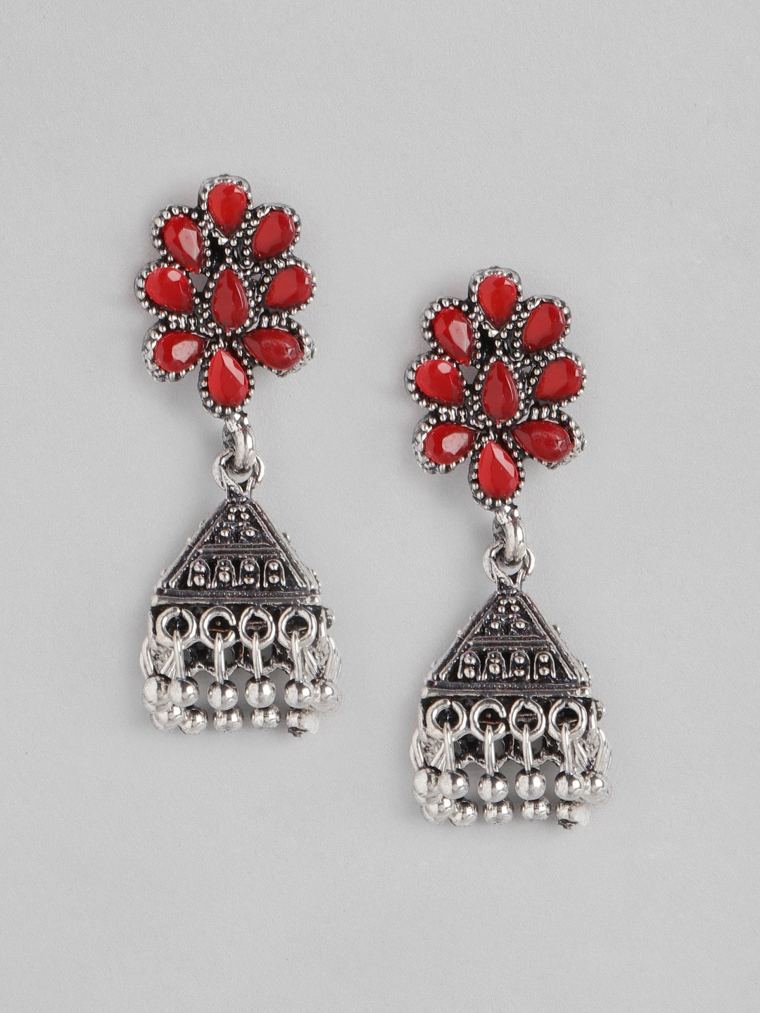 

Anouk Red & Silver-Toned Oxidised Stone-Studded & Beaded Triangular Jhumkas