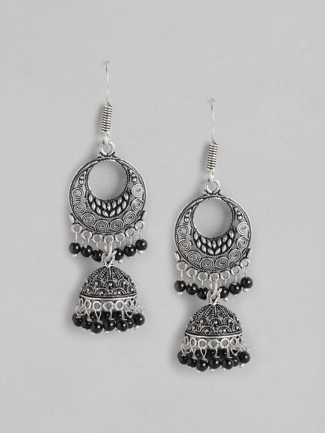 

Anouk Silver-Toned & Black Oxidised Beaded Jhumkas