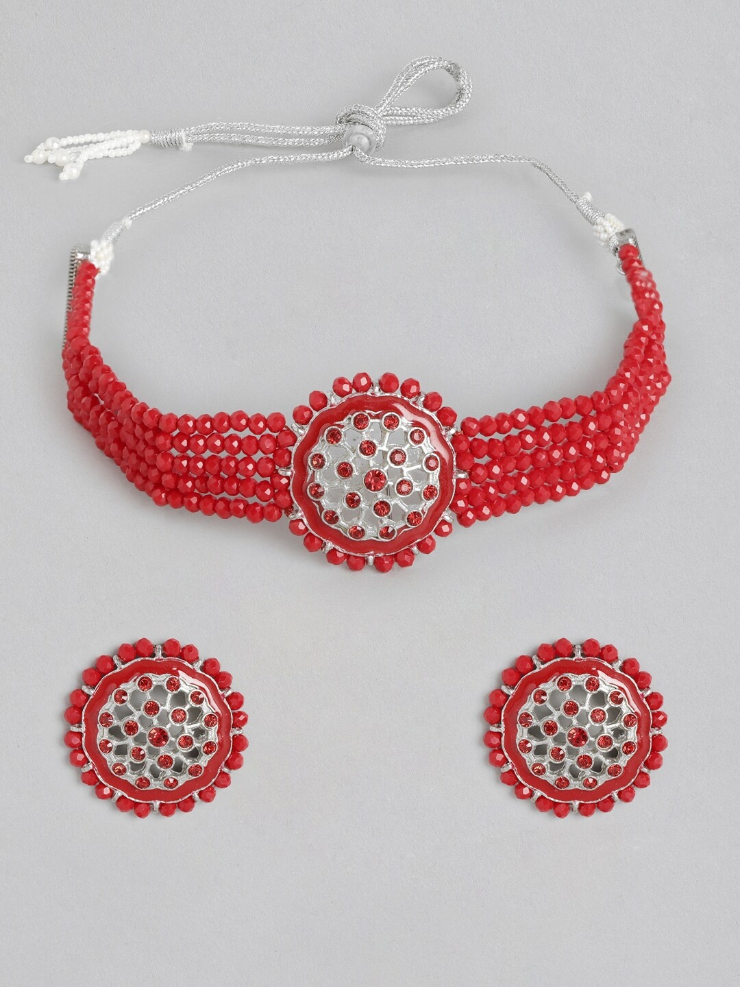 

Anouk Red & Silver-Toned Stone-Studded & Beaded Choker Necklace Set