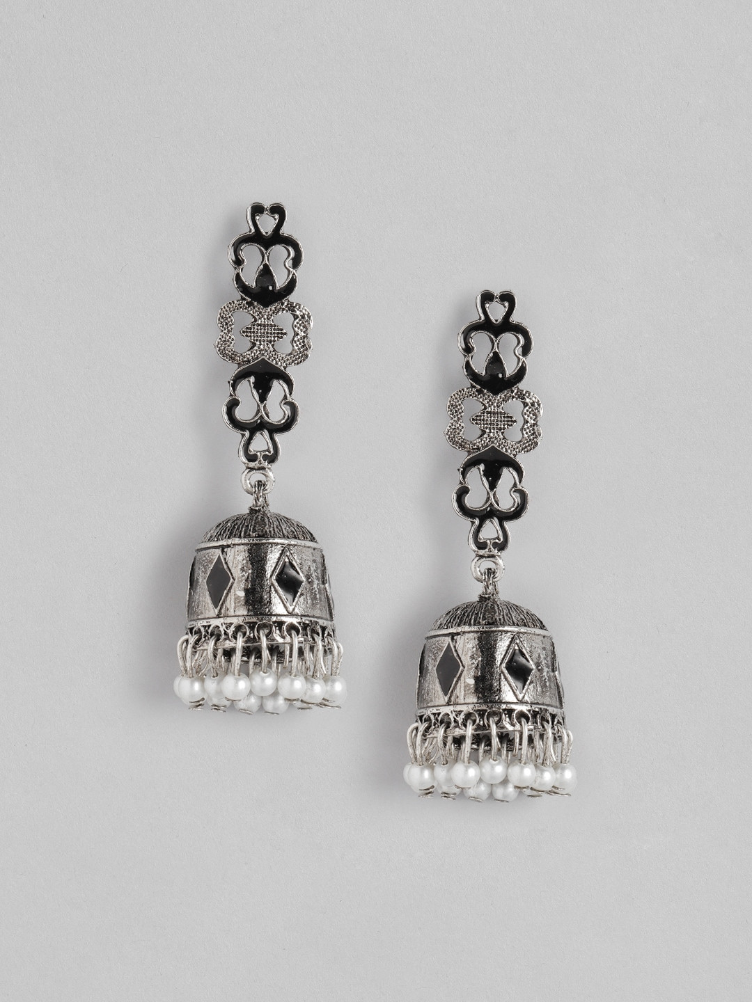 

Anouk Silver-Toned Oxidised Beaded Dome Shaped Jhumkas