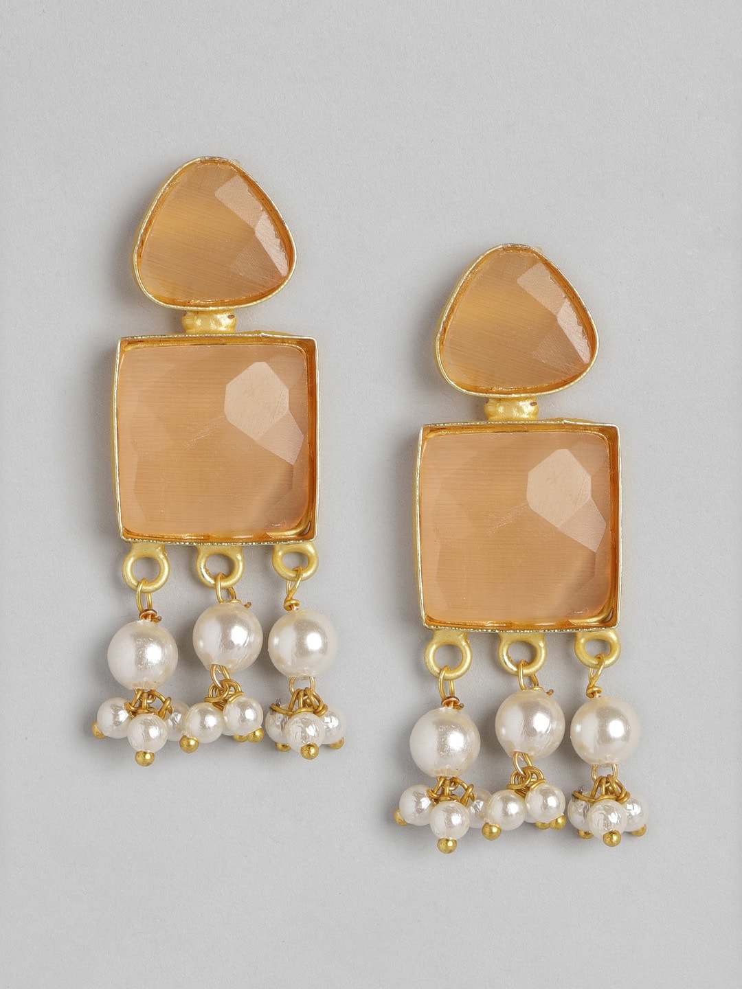 

Anouk Beige & Gold-Toned Stone Studded & Beaded Geometric Drop Earrings