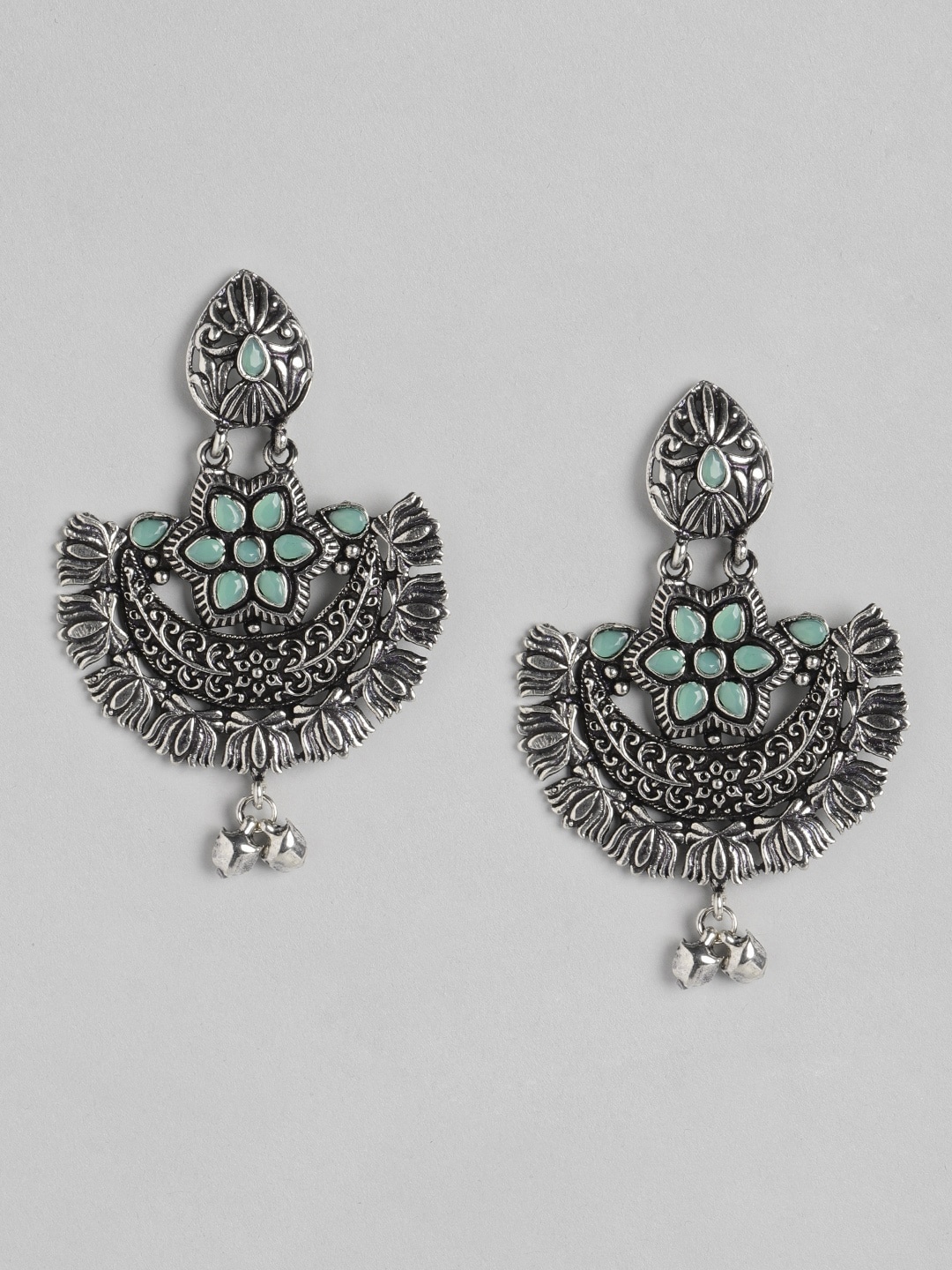 

Anouk Silver-Toned & Mint Green Oxidised Stone Studded Crescent Shaped Chandbalis