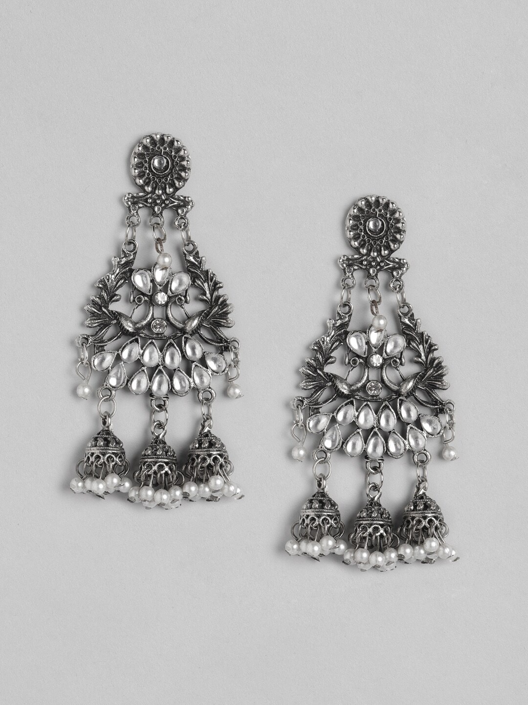 

Anouk Oxidised Silver-Toned Stone Studded & Beaded Classic Drop Earrings