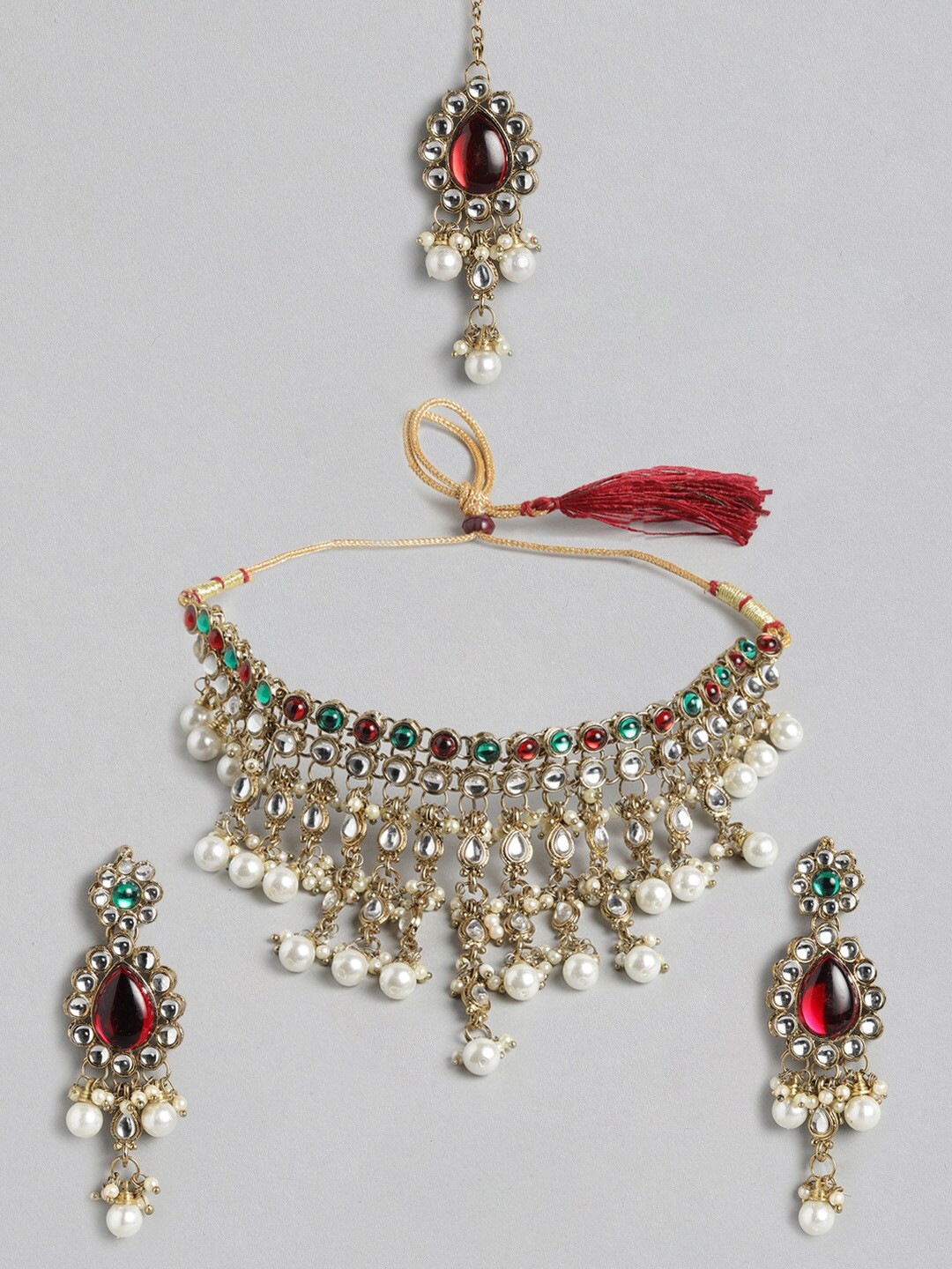 

Anouk Antique Gold-Toned & Red Kundan-Studded Beaded Jewellery Set