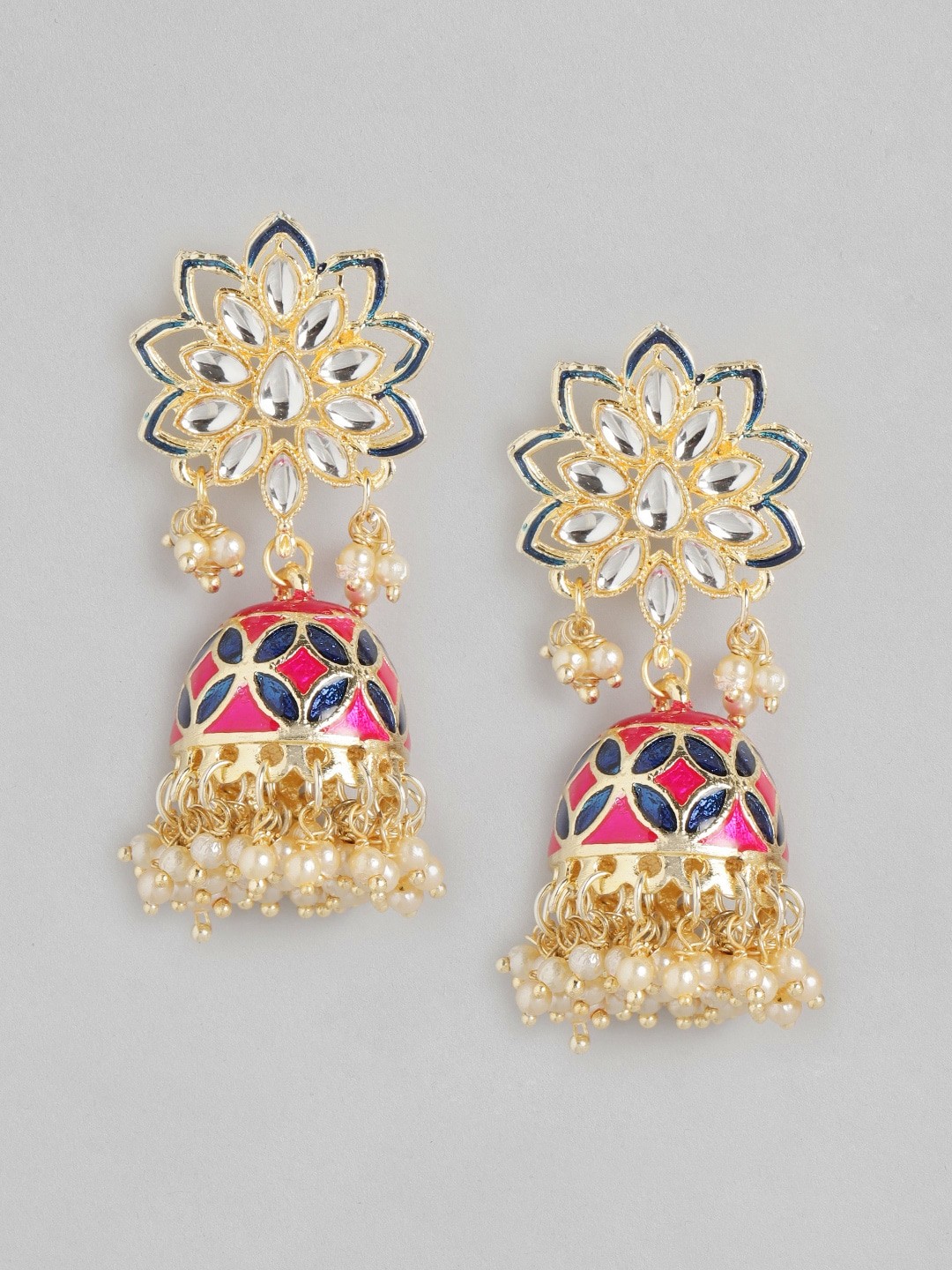 

Anouk Pink & Navy Blue Enamelled Stone Studded & Beaded Dome Shaped Jhumkas