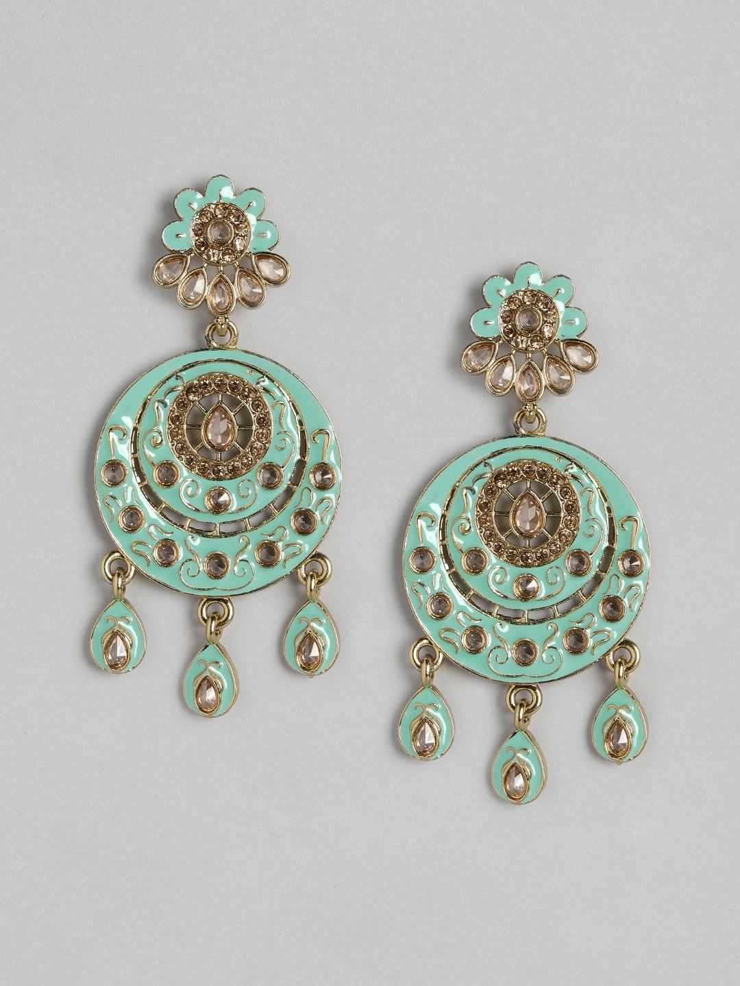 

Anouk Gold-Toned & Green Stone Studded Enamelled Circular Drop Earrings