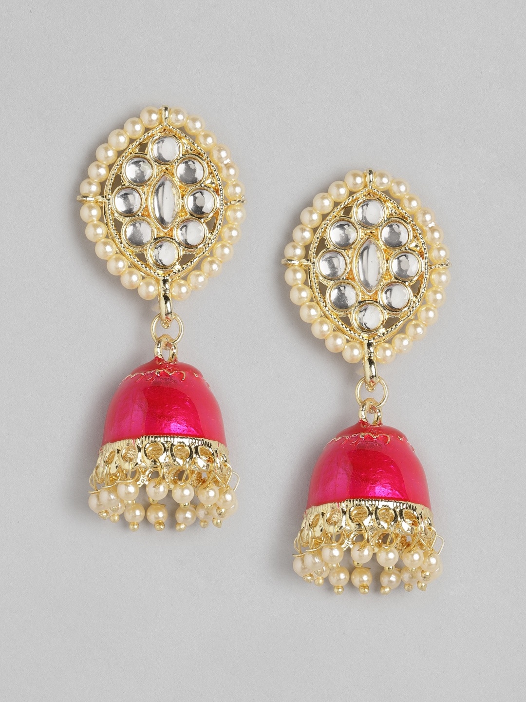 

Anouk Gold-Toned & Pink Stone Studded & Beaded Enamelled Dome Shaped Jhumkas