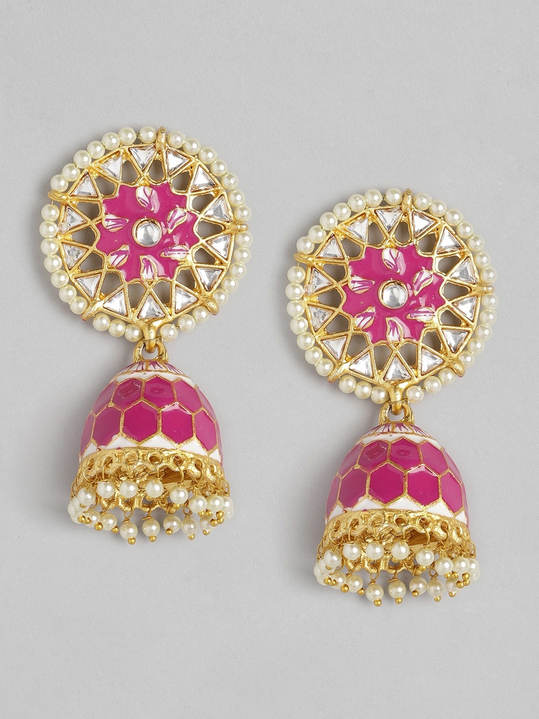 

Anouk Gold-Toned & Pink Stone Studded & Beaded Enamelled Dome Shaped Jhumkas