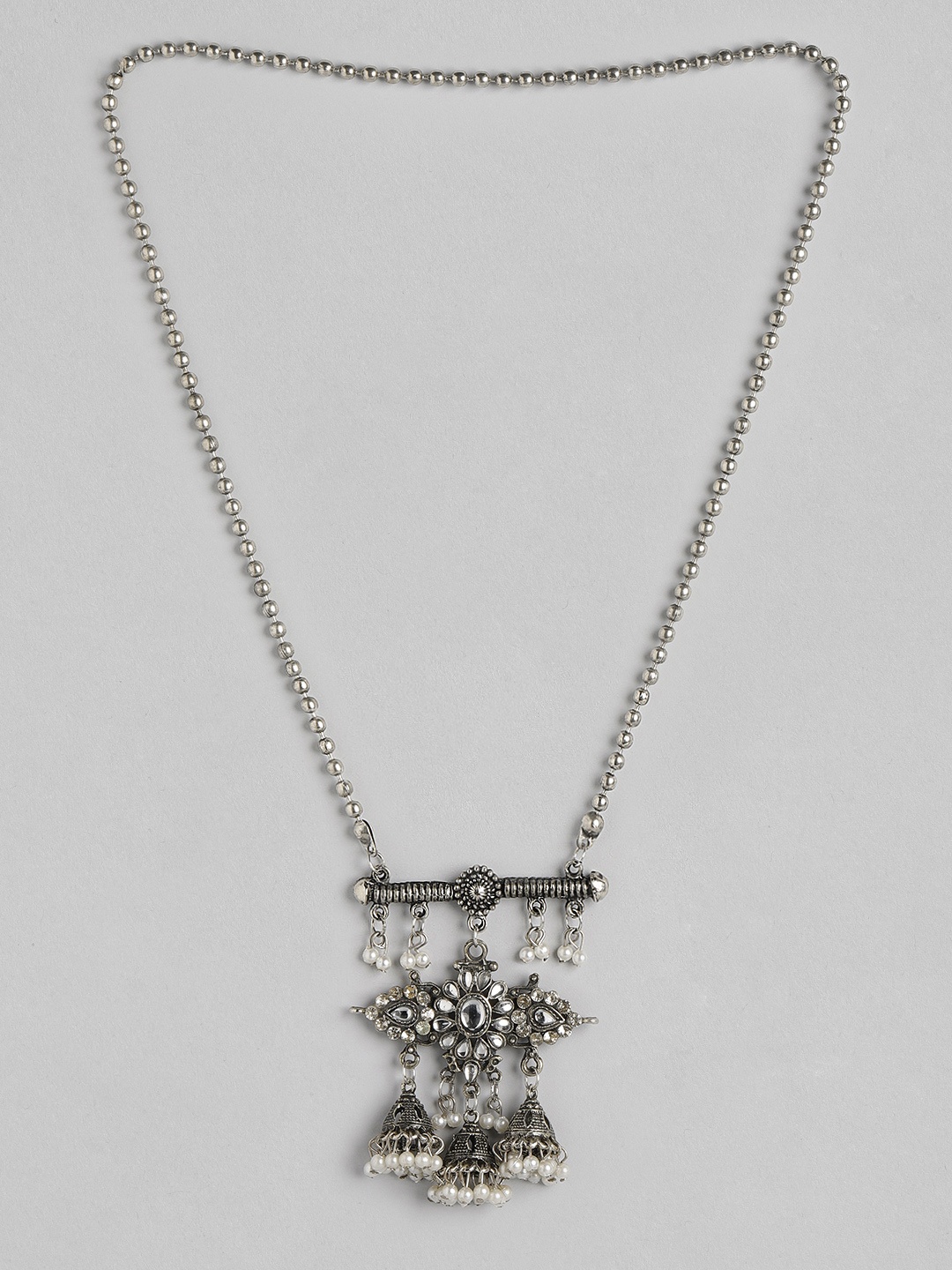 

Anouk Silver-Toned & White Oxidised Stone Studded & Beaded Tribal Necklace