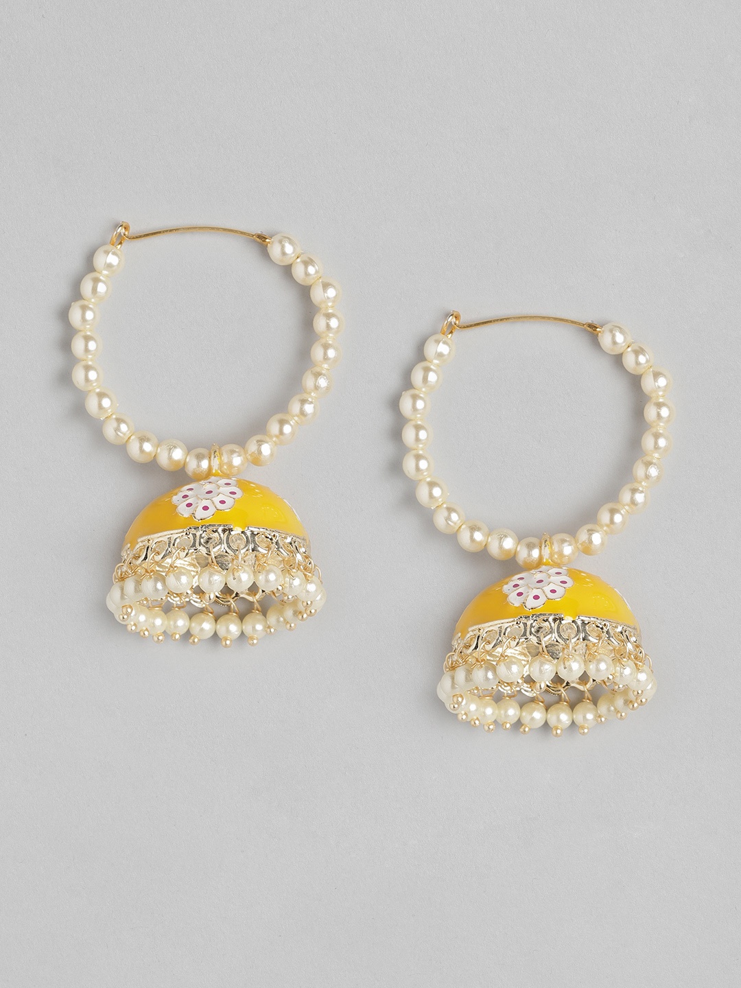 

Anouk Yellow & Off-White Enamelled Beaded Dome Shaped Jhumkas
